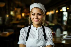 jung weiblich Koch im ein Restaurant foto