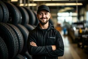 Mechaniker halten ein Neu Reifen im ein Auto Reifen Geschäft und Bedienung Garage foto