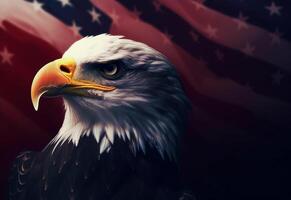 Foto kahl Adler mit Americana Flagge im das Hintergrund generativ ai