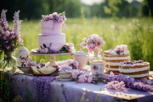 ein Kuchen Tabelle im ein draußen Rahmen foto