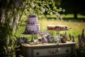 ein Kuchen Tabelle im ein draußen Rahmen foto