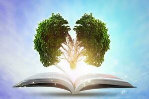 Buch von wachsend Wissen mit Gehirne groß Baum. foto