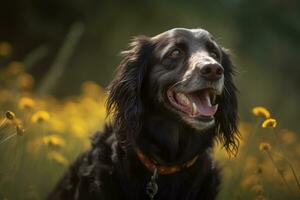 Porträt von ein glücklich draussen Sommer- Hund generativ ai foto