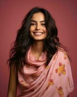 Porträt von ein schön jung Frau im Rosa Schal auf Rosa Hintergrund generativ ai foto
