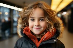 Porträt von ein süß wenig Mädchen im Winter Mantel generativ ai foto