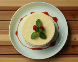 ein Weiß Teller gekrönt mit ein Dessert generativ ai foto