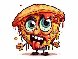 komisch Pizza Scheibe Karikatur Charakter Clip Art, Graffiti kritzeln Stil auf das Weiß Hintergrund generativ ai foto