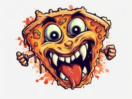 komisch Pizza Scheibe Karikatur Charakter Clip Art, Graffiti kritzeln Stil auf das Weiß Hintergrund generativ ai foto