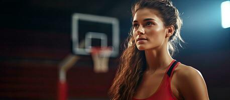 lächelnd kaukasisch Frau Basketball Spieler mit Ball auf Gericht leer Bereich unverändert Sport Aktivität und Lebensstil foto