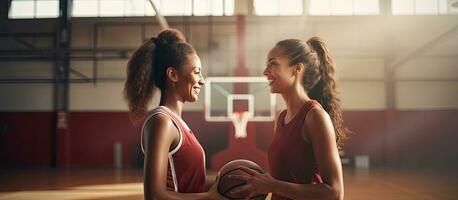 biracial weiblich Basketball Spieler im Fitnessstudio halten und spielen Basketball Sport Aktivität Zusammengehörigkeit und Lebensstil unverändert foto