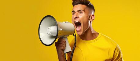 Latein Mann tragen gedruckt Hemd ausdrücken aufrichtig Emotionen schreiend im ein Megaphon Lebensstil Konzept Gelb Hintergrund spotten oben Kopieren Raum komisch und youn foto