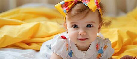 Baby Mädchen tragen ein Sommer- Kleid mit ein groß Gelb Bogen auf ihr Kopf Lügen auf ein Bett Hintergrund verfügbar zum Text foto