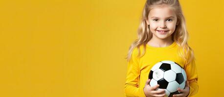 blond kaukasisch Mädchen halten Fußball Ball auf Gelb Hintergrund Kinder Fußball Konzept foto