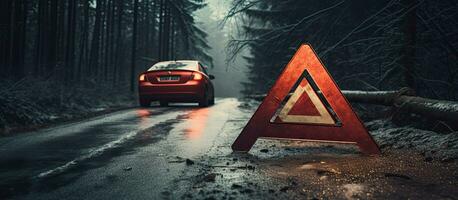 rot Dreieck auf schneebedeckt Wald Straße gebrochen Nieder Auto mit schonen Reifen horizontal Netz Banner foto