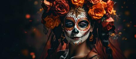 dia de los Muertos Symbol unheimlich Mädchen mit Calavera catrina machen oben auf schwarz Hintergrund Halloween foto