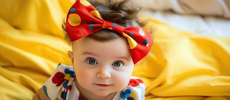 Baby Mädchen tragen ein Sommer- Kleid mit ein groß Gelb Bogen auf ihr Kopf Lügen auf ein Bett Hintergrund verfügbar zum Text foto