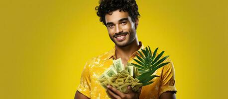 Latino Mann mit Geld Gelb Hintergrund zeigen Kopieren Raum auf Palme foto