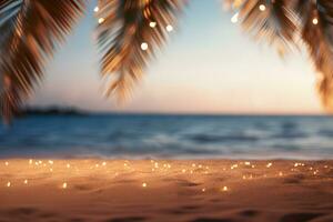 schön Natur Strand und Meer Hintergrund Palme Blätter im Sonnenuntergang, Kopieren Raum von Sommer- Ferien und Geschäft Reise Konzept, ai generieren foto