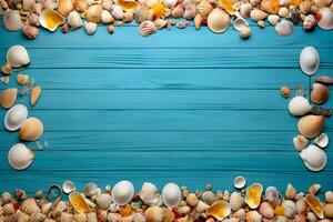 Sommer- Urlaub Banner Strand Thema mit Strand Zubehör auf ein Blau Holz Hintergrund, ai generieren foto