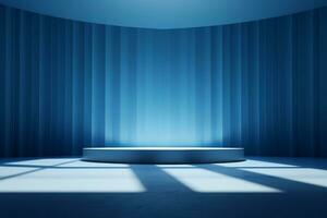 Blau Bühne zum Produkt Präsentation mit Scheinwerfer im das Stil von minimalistisch Hintergrund, modern Innere Konzept, ai generieren foto
