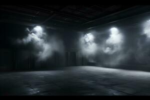 dunkel Zimmer mit Licht und Rauch Nebel oder Nebel, im das Stil von minimalistisch Hintergrund, modern Innere Konzept, ai generieren foto