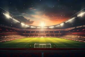 Fußball Fußball Feld Stadion beim Nacht und Scheinwerfer, ai generieren foto