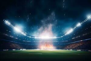 Fußball Fußball Feld Stadion beim Nacht und Scheinwerfer, ai generieren foto