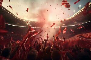 Fußball Fans Jubel ihr Mannschaft mit beim überfüllt Stadion, ai generieren foto
