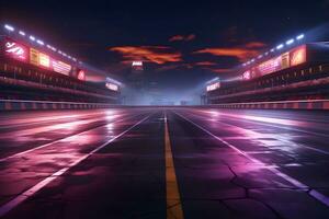 Asphalt Rennen Spur und beleuchtet Rennen Sport beim Stadion Abend Arena und Scheinwerfer, ai generieren foto