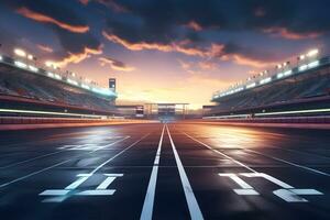 Asphalt Rennen Spur und beleuchtet Rennen Sport beim Stadion Abend Arena und Scheinwerfer, ai generieren foto