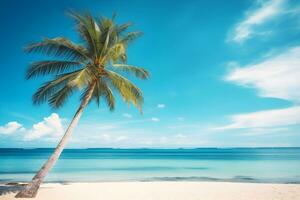 Palme Baum auf tropisch Strand mit Blau Himmel und Weiß Wolken abstrakt Hintergrund. Kopieren Raum von Sommer- Ferien und Geschäft Reise Konzept. ai generieren foto