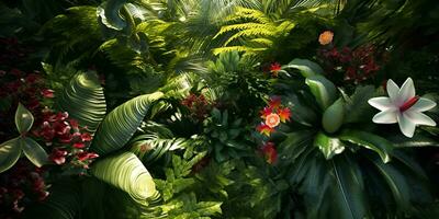 oben Aussicht tropisch Blumen Bäume Pflanzen Hintergrund, ai generieren foto