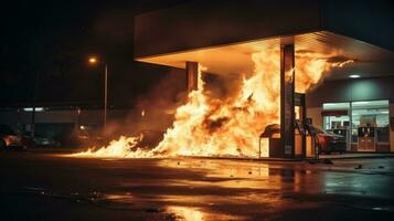 Feuer beim ein Gas Bahnhof im tagsüber foto