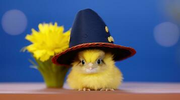 süß wenig Hähnchen tragen ein Hut auf farbig Hintergrund mit Kopieren Raum. ai generativ foto