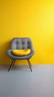 modern grau Textil- Sessel und Tabelle auf gelb Mauer Hintergrund. ai generiert foto