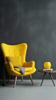 elegant modern Gelb Textil- Sessel und Tabelle auf grau Mauer Hintergrund. ai generiert foto