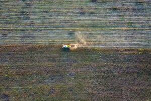 Antenne Aussicht Drohne von Ernte Feld mit Traktor mäht trocken Sonnenblume. Ernte im das Felder. oben Aussicht foto