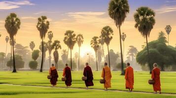 Buddhist Mönche Gehen über Grün Feld mit Palme Bäume im Morgen foto