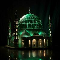 schön Moschee mit ein Grün Kuppel isoliert auf schwarz Hintergrund generativ ai foto