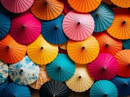 bunt Banner mit ein Bündel von Papier Regenschirme generativ ai foto