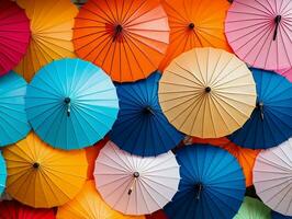 bunt Banner mit ein Bündel von Papier Regenschirme generativ ai foto