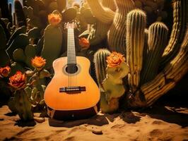 ein Gitarre Lügen auf das Boden Nächster zu ein Kaktus generativ ai foto