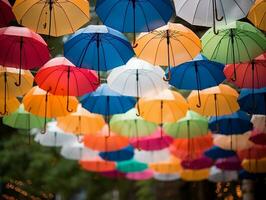 bunt Banner mit ein Bündel von Papier Regenschirme generativ ai foto