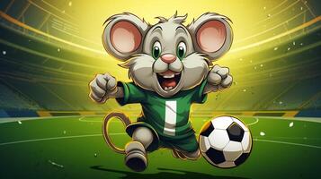 ein süß Maus Sport Maskottchen eben Illustration tragen ein Fußball Uniform und spielen Fußball generativ ai foto