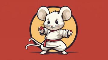 ein süß Maus Sport Maskottchen eben Illustration tragen ein Karate Uniform und spielen Karate generativ ai foto