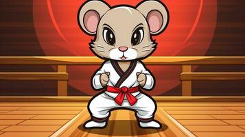 ein süß Maus Sport Maskottchen eben Illustration tragen ein Karate Uniform und spielen Karate generativ ai foto