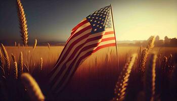 ein sonnendurchflutet Weizen Feld mit ein amerikanisch Flagge fliegend im das Himmel Unabhängigkeit Tag Konzept generativ ai foto