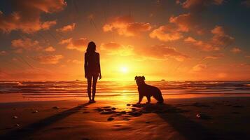 ein Mädchen und ihr Hund genießen das Strand Sonnenuntergang im das Bucht. Silhouette Konzept foto