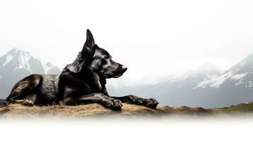 Hund ruhen auf ein Weiß Oberfläche mit ein Aussicht von Berge. Silhouette Konzept foto