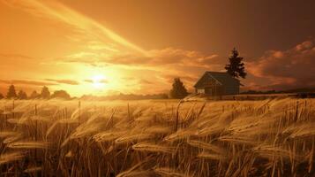 Weizen Feld schwankend im das Sonnenuntergang auf das Heimstätte. Silhouette Konzept foto